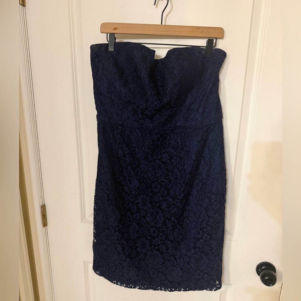 Strapless navy blue black lace dress